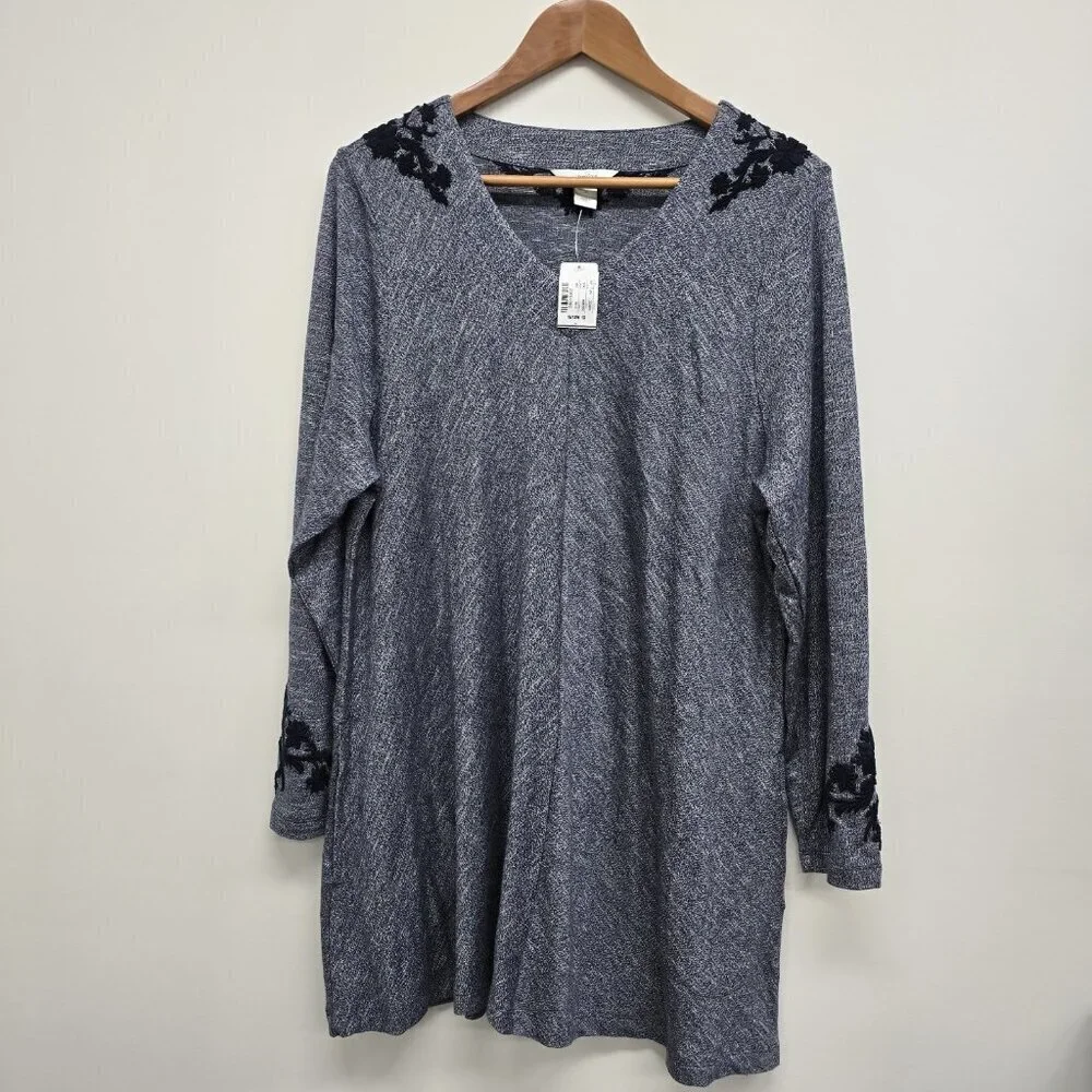 NEW CJ Banks Embroidered V-Neck Tunic Top Blouse Size 1X Marled Blue NWT